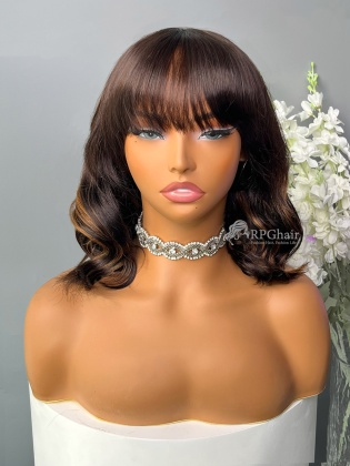 Brown Highlights Sexy Wave Bob With Bangs AirFit Capless Wear & Go Wigs [AFW04]