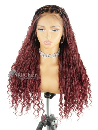 24'' Burgundy Red Boho Medium Knotless Box Braids with Curls Full Hand Tied Lace Braided Wig [HE01]