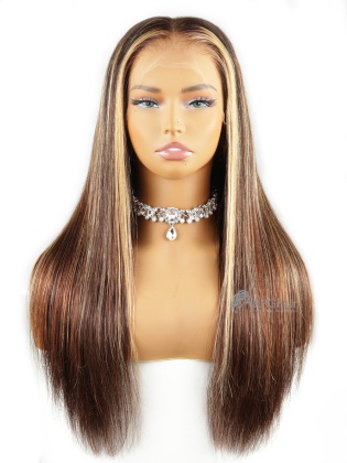 Honey Brown Blonde Highlights Silky Straight Invisi-Strap Snug Fit Glueless 360 HD Lace Wig [ISW08]
